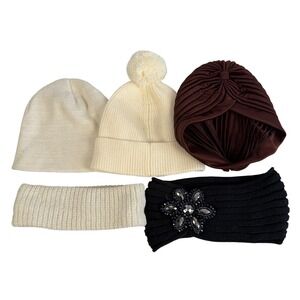 Bundle Winter Hats Womens Cream Pom Pom Beanie Brown Turban Lot of‎ 5
